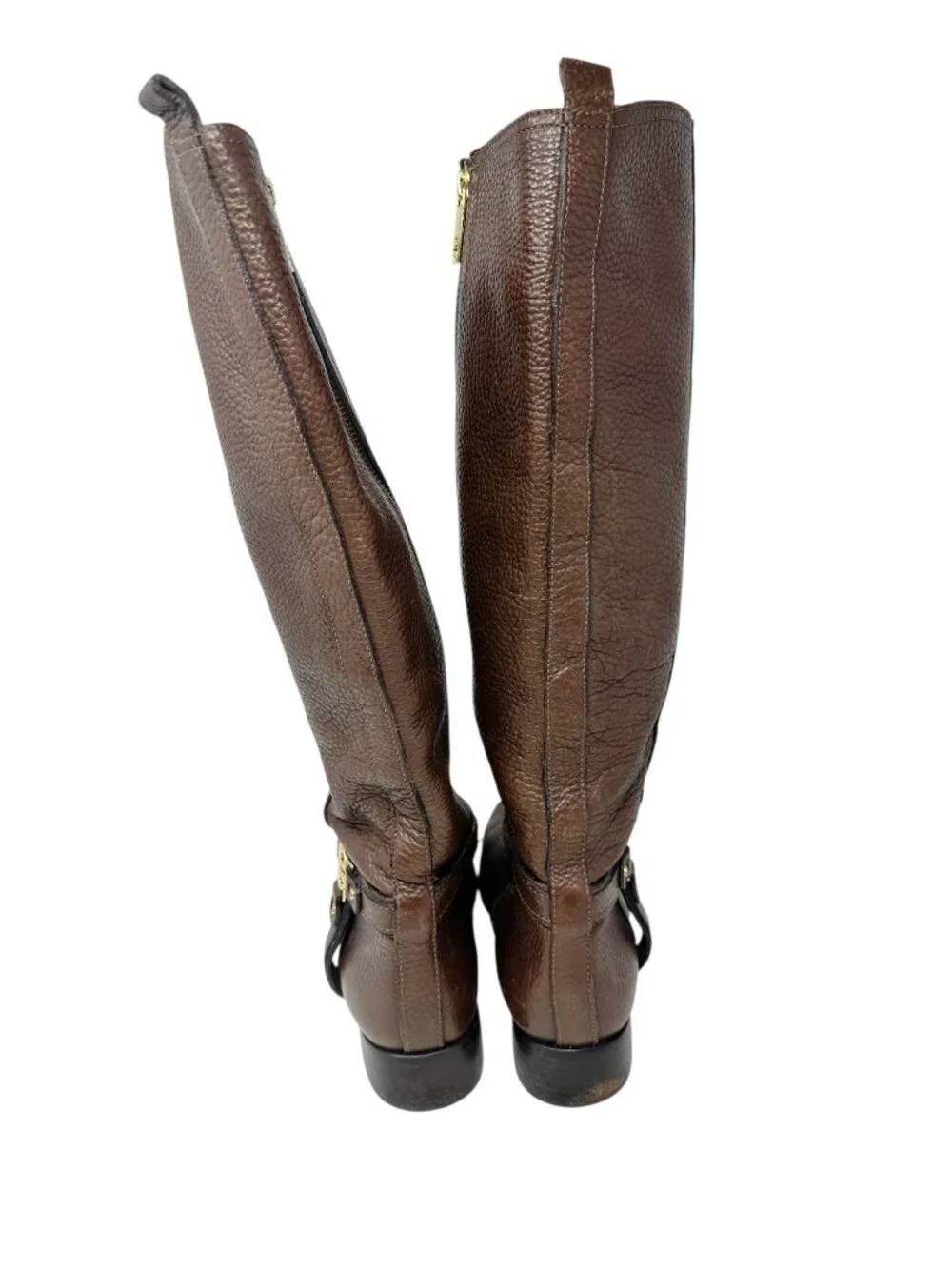Tory Burch Logo Harness Riding Boots Brown Pebbled Leather Women's 10.5